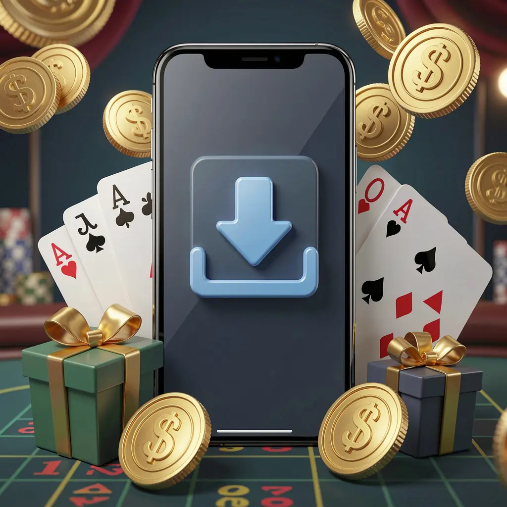 JYJILL casino app download concept showing a smartphone with a download icon surrounded by golden coins, a gift box, and playing cards in a modern mobile gaming atmosphere