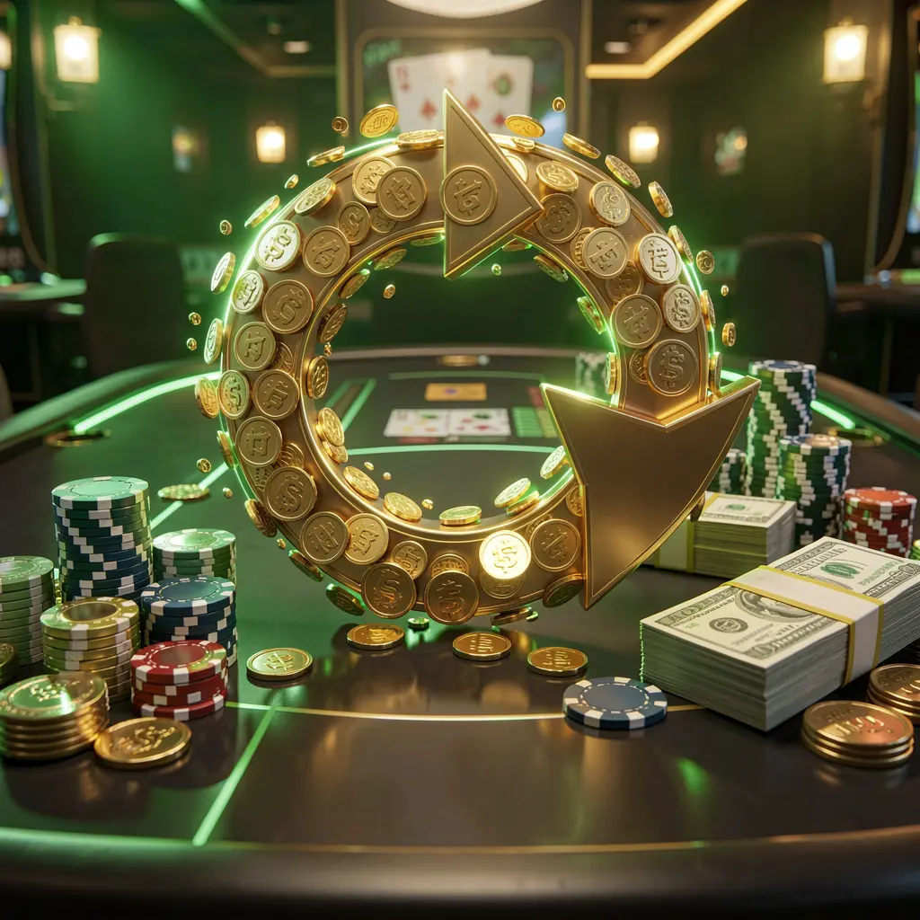 JYJILL casino cashback bonus visual with golden coins returning in a circular arrow motion, poker chips and cash bundles on a glossy dark table with glowing green and gold accents in a premium online casino style