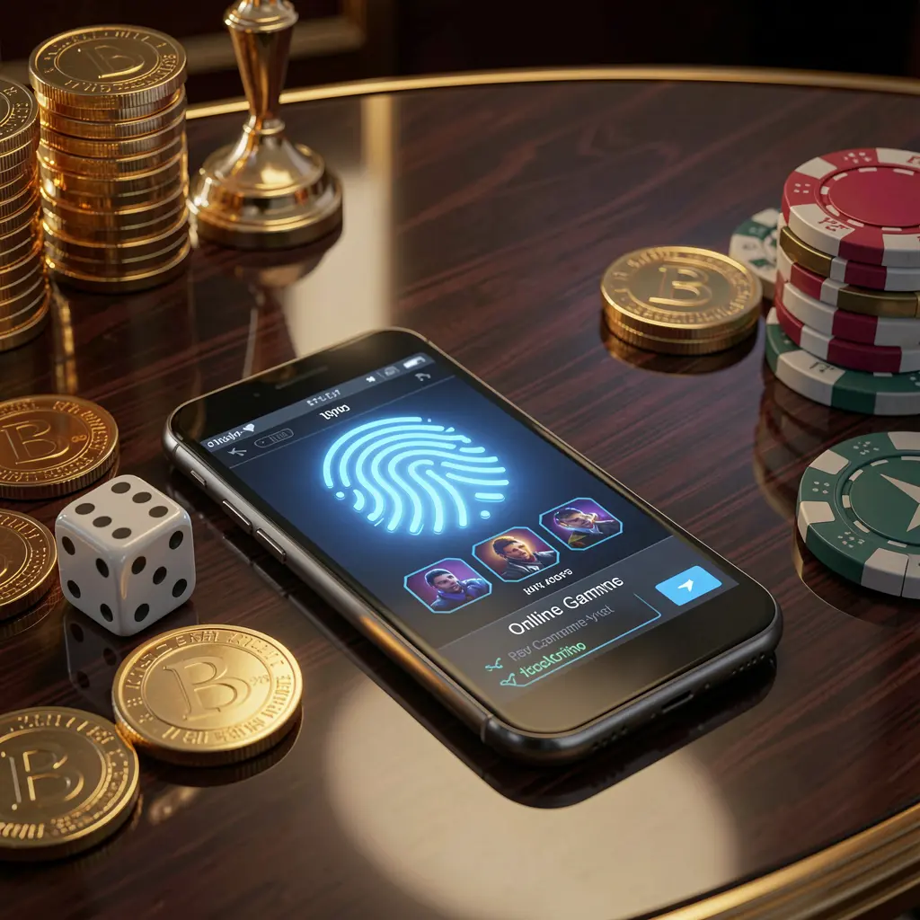 JYJILL online gaming account access scene showing a smartphone with a glowing fingerprint icon surrounded by golden coins, dice, and poker chips on a glossy table under cinematic luxury lighting