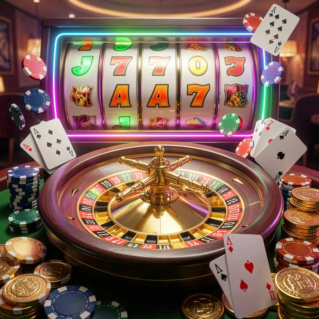 JYJILL casino homepage visual featuring a dynamic composition of jackpot lights, a roulette wheel, poker chips, playing cards, and golden coins with a bright neon glow in a realistic 3D render