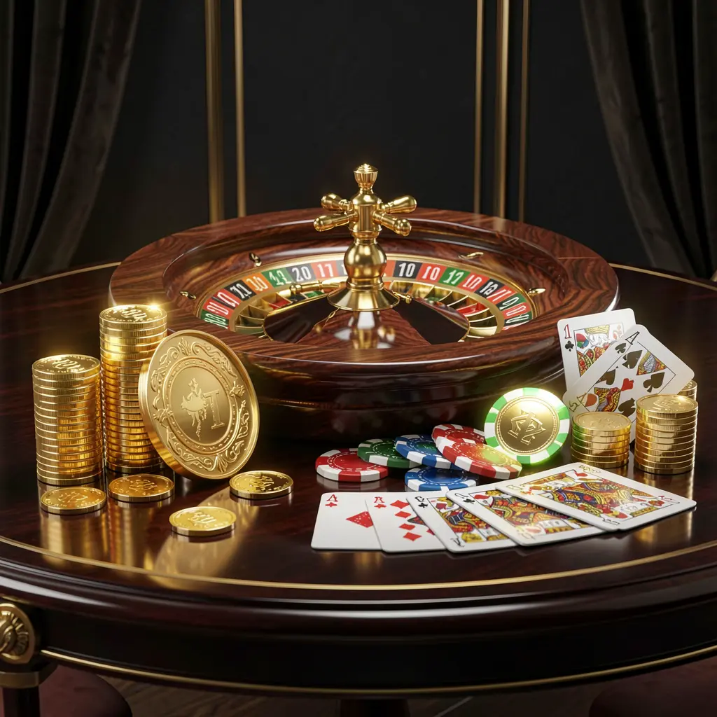JYJILL premium online casino banner featuring golden coins, glowing chips, a roulette wheel, and playing cards on a glossy table with an elegant dark background in a high detail realistic 3D render